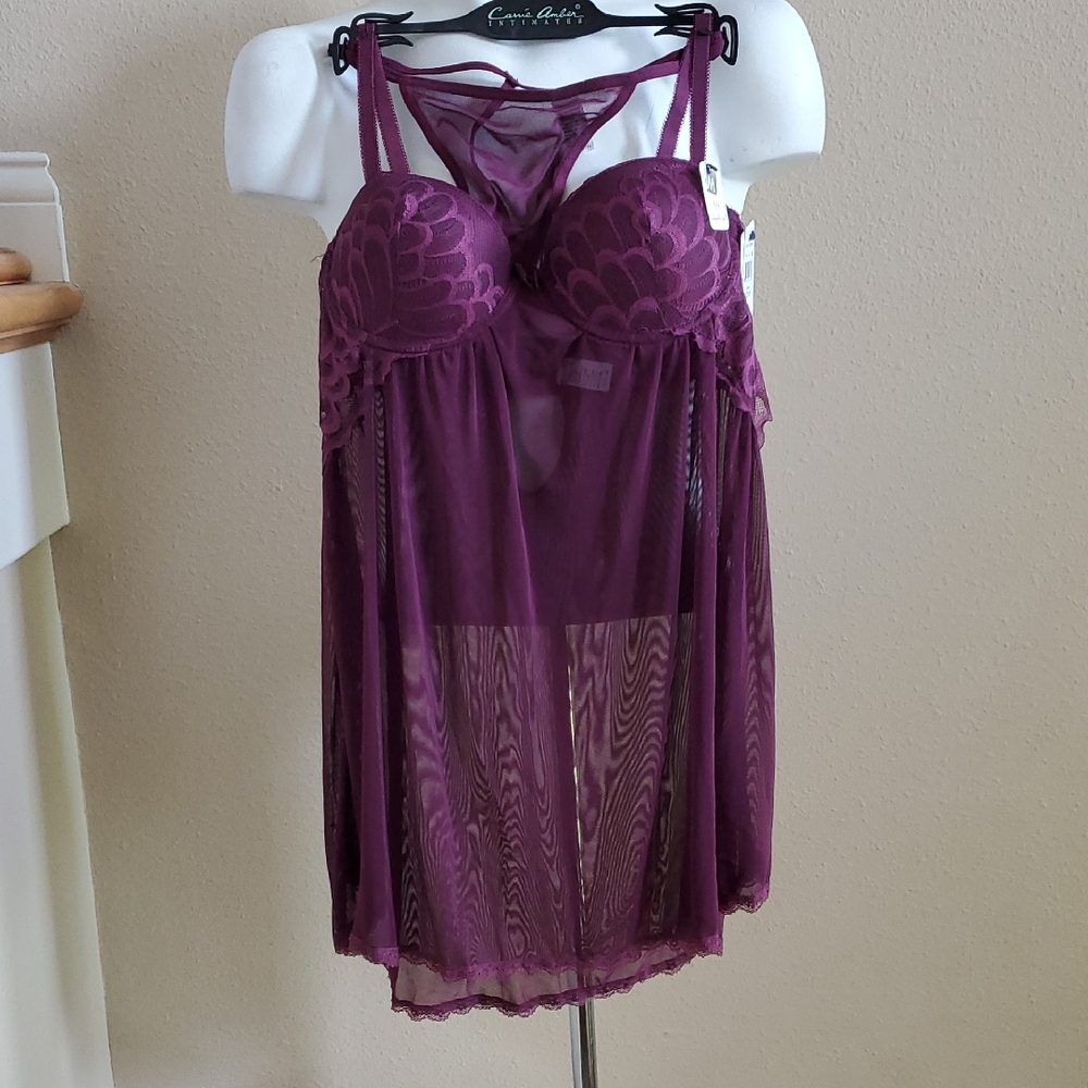 Carrie Amber Intimates Lace Sheer Babydoll & Thong Panty Set Size M L Plum NWT